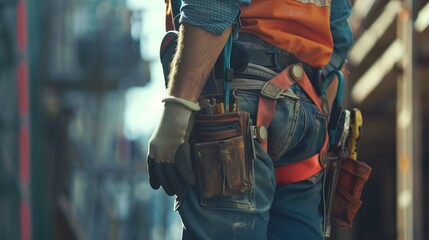 Close-up of Maintenance worker with bag and tools kit wearing on waist - Powered by Adobe