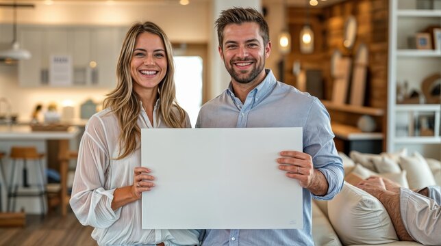an image of a smiling couple holding a blank poster in a housing showroom.