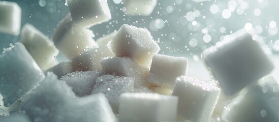 A collection of white sugar cubes neatly stacked on top of a tabletop. Each cube is uniform in size and shape, showcasing the sweetness and purity of sugar. - obrazy, fototapety, plakaty