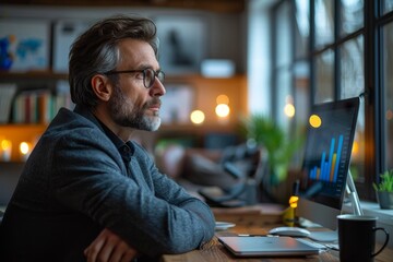 A professional man deeply focused on work in front of a computer in a modern office environment with bokeh lights