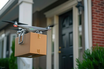 A delivery drone delivering a package to doorstep