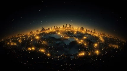 Foto op Canvas Communication lines around the globe, a thematic background with a light effect. Background of global international communication, Earth with lights on a black background © екатерина лагунова
