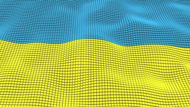Animation of waves of yellow and blue particles in the form of cubes represented by two parallel horizontal stripes
