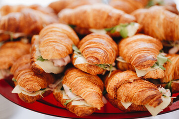 Beautifully decorated catering banquet table with different food snacks and appetizers with sandwich, caviar, fresh fruits on corporate christmas birthday party event or wedding celebration.