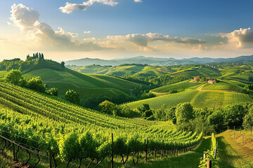 Naklejka premium A panoramic view of a beautiful wine region with rolling hills and vineyards