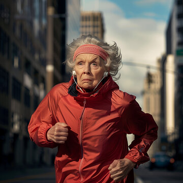 Corredora con chaqueta de chandal con cremallera de color rojo , cinta en la cabeza rojo y auriculares musicales, corriendo por la ciudad, edad avanzada, luz de dia, fondo de edificios, AI