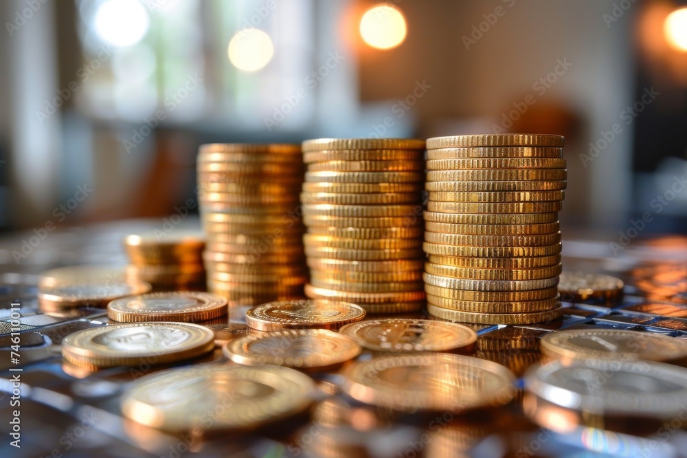 Poster shiny stacks of golden coins arranged in increasing height order on a textured, reflective surface