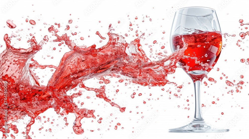 Poster a glass of red wine is splashing out of it's bottom and into the bottom of the glass.
