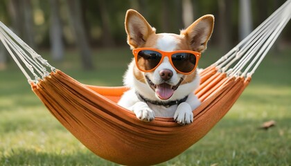 A dog wearing sunglasses swinging in a hammock created with generative ai.