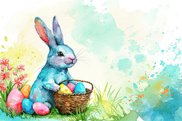 watercolor illustration of a bunny holding a basket of Easter eggs, with a beautiful garden in the background.