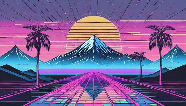 Outrun synthwave style image with sun, mountains, and pink skies