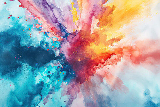 A watercolor illustration of a colorful burst, with a beautiful blue sky in the background