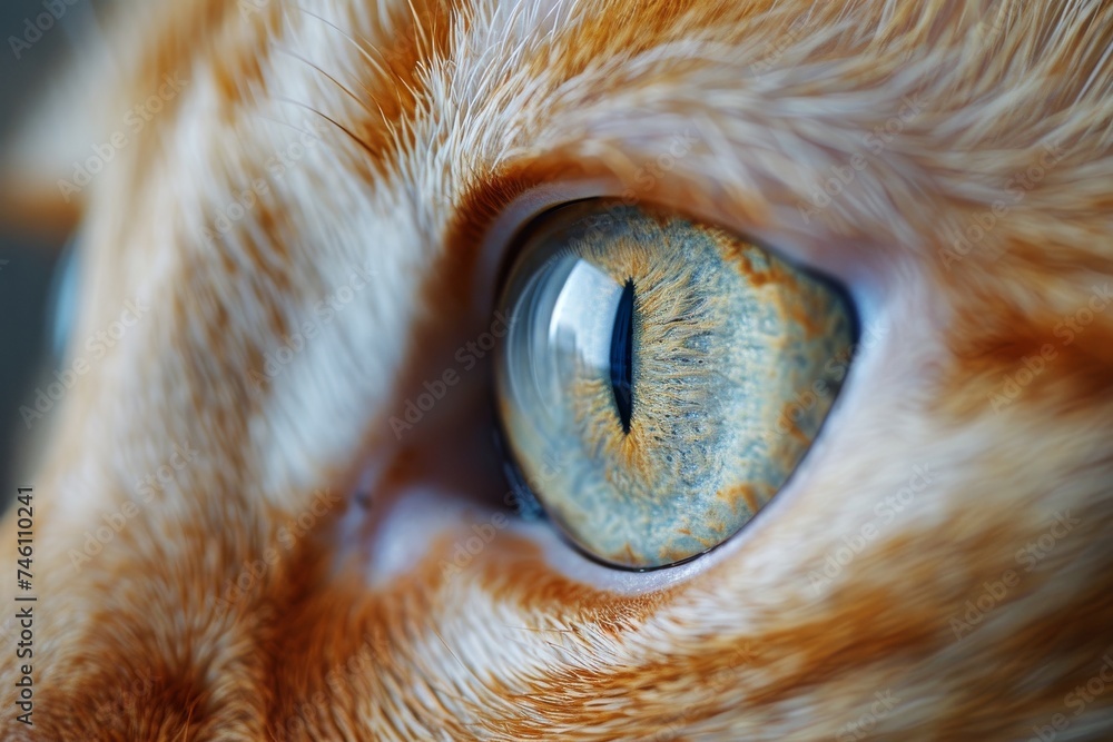 Poster macro image highlighting the intricate details and textures of a cat's amber eye, symbolizing percep