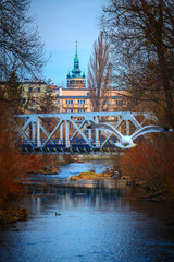 Wieża ratuszowa Bielsko-Biała most rzeka - obrazy, fototapety, plakaty