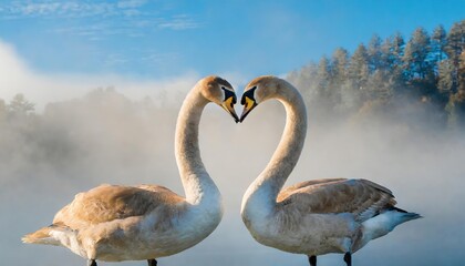 Two swans form a heart shape on the lake