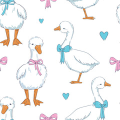 Seamless pattern hand drawn cute goose and heart vector illustration. Print design for textiles