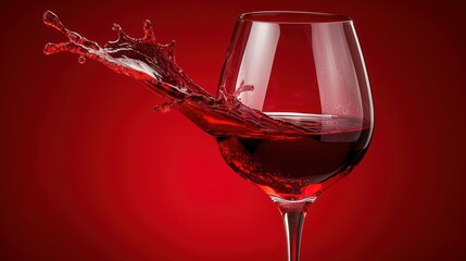 a glass of red wine with a splash of water on the side of the glass, on a red background.