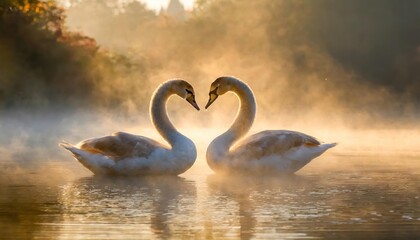Two swans form a heart shape on the lake