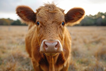 A detailed close-up showcasing a cow's face, bringing attention to the textures and gentle gaze of the animal in its natural setting