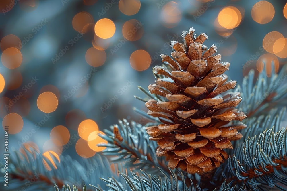 Poster close-up photo of a frosted pine cone nestled on a spruce branch with warm bokeh lights in the backg