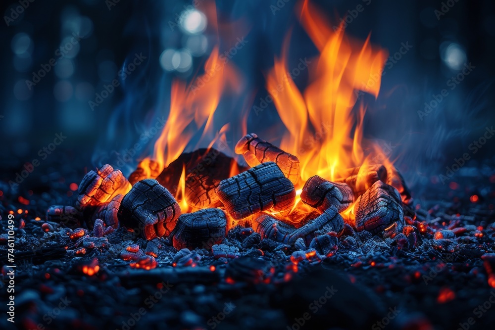 Poster vivid capture of the dynamic and warm detail of a campfire, visually expressing the energy and rawne