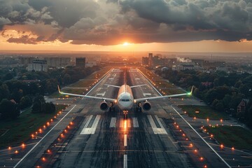 Captivating image of a commercial aircraft on a runway during a dramatic sunset symbolizing travel and exploration - obrazy, fototapety, plakaty