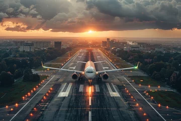 Fotobehang Captivating image of a commercial aircraft on a runway during a dramatic sunset symbolizing travel and exploration © svastix