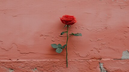 a single red rose sitting on the side of a pink wall with a crack in the side of the wall.