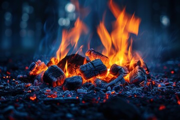 Vivid capture of the dynamic and warm detail of a campfire, visually expressing the energy and rawness of open flames