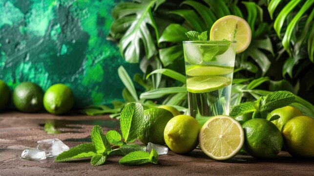 a glass of mojito with limes and mints on a table with a green wall in the background.