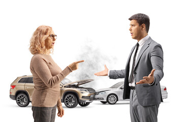 Woman and man having an argument, car accident concept