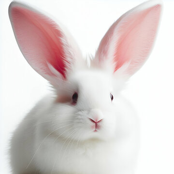 Close up Portrait of an Adorable Little Cute Timid Baby Fluffy White Dwarf Purebred Albino Spring Easter Bunny Rabbit Pet, Pink Ears Nose & Black Eyes Looking Directly at Camera on White Background