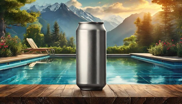 Silver Beer Can In Natural Outdoor Landscape - Blank Can Template For Product Marketing