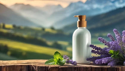 Fotobehang Lavender Lotion bottle - blank bottle with natural ingredients for product mockup template. Lotion shampoo conditioner soap © Brian