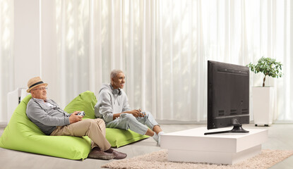 Elderly man and a young african american guy with joysticks in front of tv