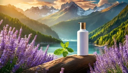 Fototapeten Lavender Lotion bottle - blank bottle with natural ingredients for product mockup template. Lotion shampoo conditioner soap © Brian