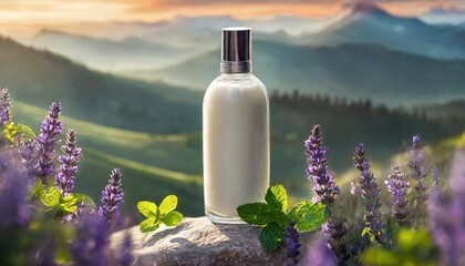 Lavender Lotion bottle - blank bottle with natural ingredients for product mockup template. Lotion shampoo conditioner soap - obrazy, fototapety, plakaty