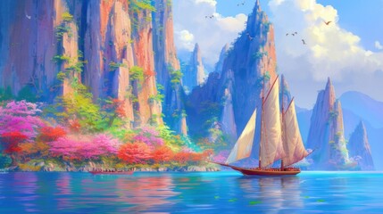 a painting of a sailboat on a body of water in front of a mountain range with trees and flowers.