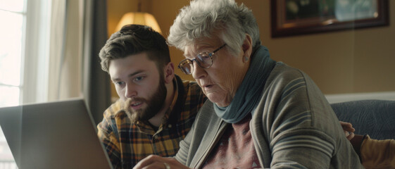 Young man assists elderly woman with laptop, bridging the tech generation gap.