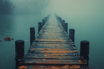 Fototapeten An atmospheric scene of an old wooden jetty extending into calm waters enveloped by dense fog and strewn with fallen leaves © svastix