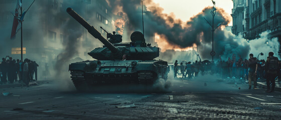 Tank advances through smoke on city street, tension and unrest palpable.