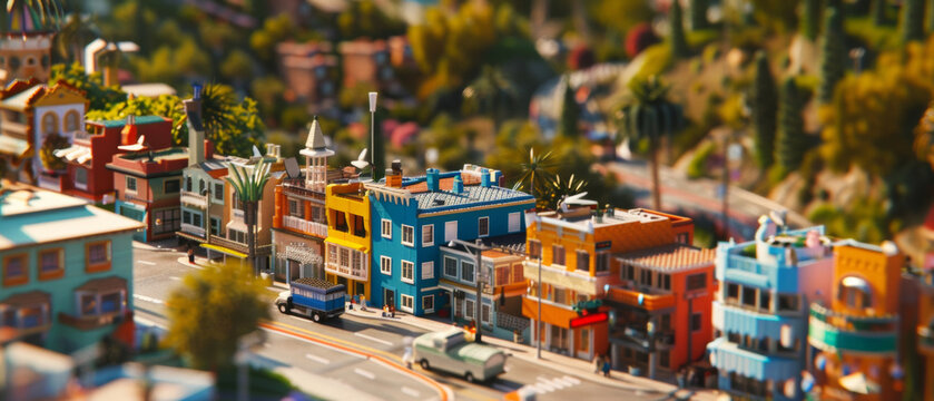 Miniature cityscape with a tilt-shift effect evoking a whimsical toy town.