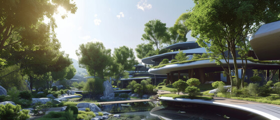 Futuristic eco-homes nestled in lush greenery, a serene sustainable living vision.