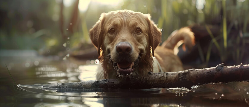 A serene golden retriever fetches a stick in tranquil twilight waters.