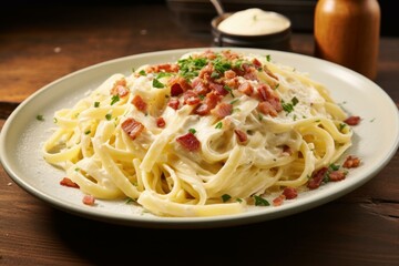 Pasta carbonara plate. Alla above pepper. Generate Ai