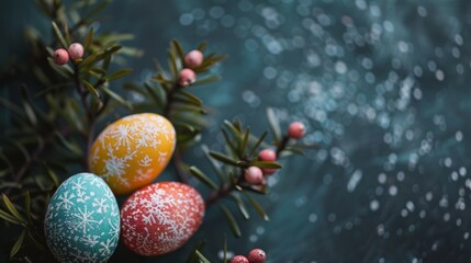 Obraz na płótnie Canvas Easter decoration colorful eggs on dark background with copy space. Beautiful colorful easter eggs. Happy Easter. 