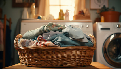 clothes in a basket against the background of a laundry room. 