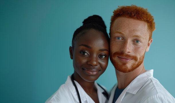 Portrait of an African woman and a red-haired man doctor on an isolated blue background. Health day, medicine. Free space for writing text - Powered by Adobe