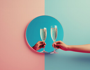 Hands holding champagne glasses making a toast through a circular mirror. Celebration, cheers pink and blue background - 746111830