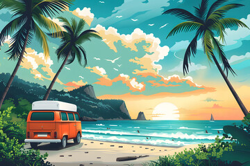 Vintage Van on Tropical Beach at Sunset. - obrazy, fototapety, plakaty